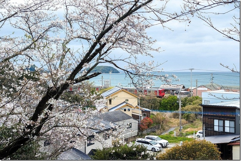 糸島市二丈にある鎮懐石八幡宮の高台の境内から桜と電車と海 糸島市二丈にある鎮懐石八幡宮の高台の境内から桜と電車と海