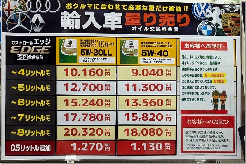 オートバックスのオイル量り売りの価格(輸入車用・2026年) オートバックスのオイル量り売りの価格(輸入車用・2026年)